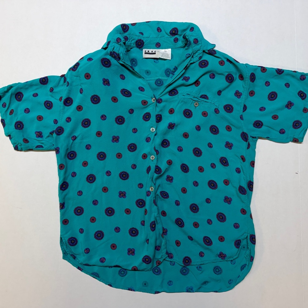 Vintage Ilio Smeraldo Aqua Teal Mens Medium Button Up Short Sleeve T-Shirt